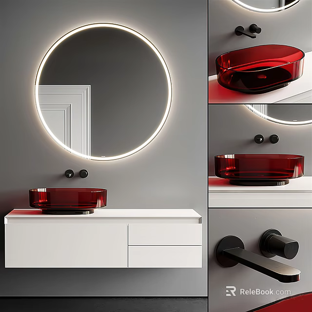 Modern Bathroom Vanity With White Cabinet Red Glass Basin And Round Backlit Mirror 3d model 