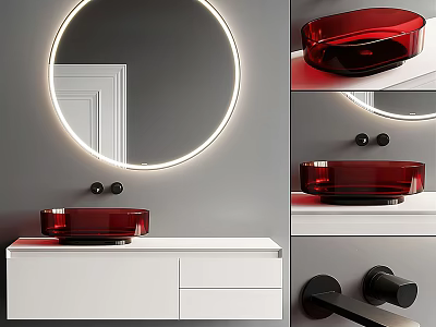 Modern Bathroom Vanity With White Cabinet Red Glass Basin And Round Backlit Mirror 3d model