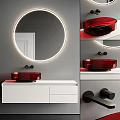 Modern Bathroom Vanity With White Cabinet Red Glass Basin And Round Backlit Mirror