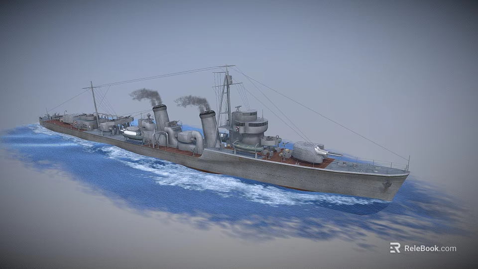 Vintage Gray Warship With Two Smokestacks Emitting Smoke Sailing On Ocean Waters 3d model 