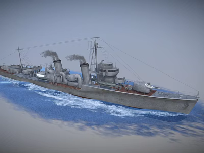 Vintage Gray Warship With Two Smokestacks Emitting Smoke Sailing On Ocean Waters 3d model