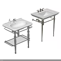 Two White Bathroom Sinks With Metal Stands Shelf And Classic Faucet Design