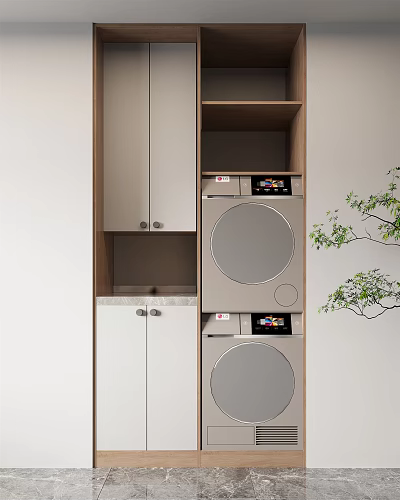 Modern Bathroom Cabinet Rack With Storage Shelves And Washer Compartment Design 3d model