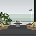 Wicker Leisure Chairs With Yellow Cushions On Sunny Outdoor Patio With Green Plants And Trees