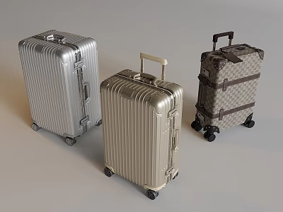 Stylish Luggage Collection Featuring Silver Striped And Brown Checkered Suitcases With Wheels And Handles 3d model