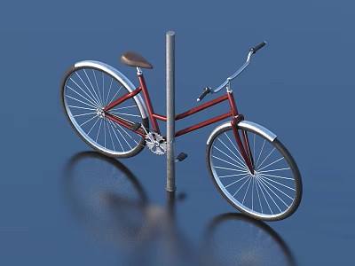 Red Bicycle With Brown Seat Parked Near Pole On Blue Background With Silver Wheels 3d model