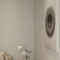 Bedroom Interior with Light Colored Wall and Spiral Painting Vertical Blinds Window Allowing Natural Light