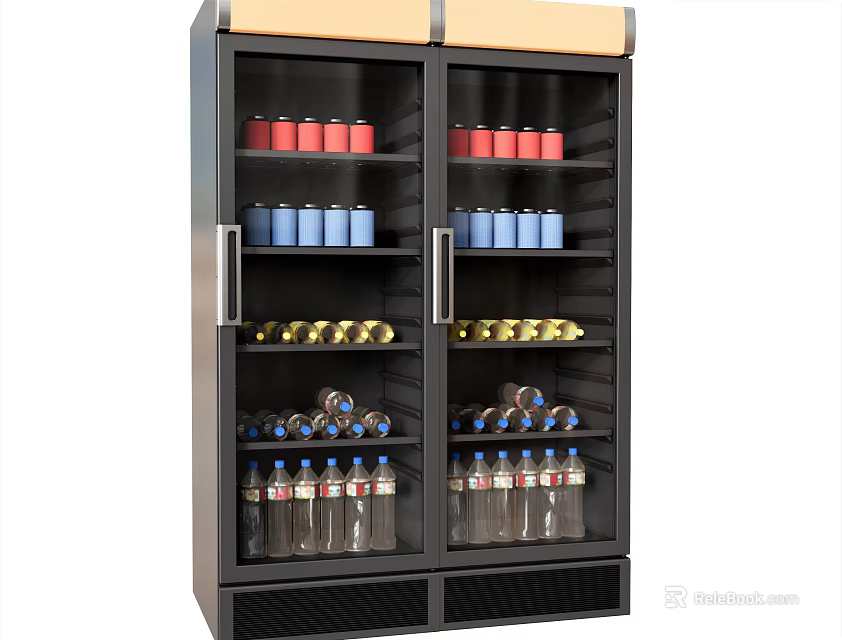 Double Door Commercial Display Refrigerator Featuring Organized Beverage Shelves With Assorted Drinks 3d model