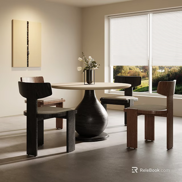 Modern Dining Room With Round Table Vase Flowers Wooden Chairs And Window Blinds 3d model 