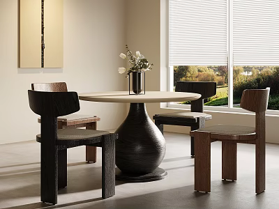 Modern Dining Room With Round Table Vase Flowers Wooden Chairs And Window Blinds 3d model