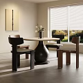 Modern Dining Room With Round Table Vase Flowers Wooden Chairs And Window Blinds
