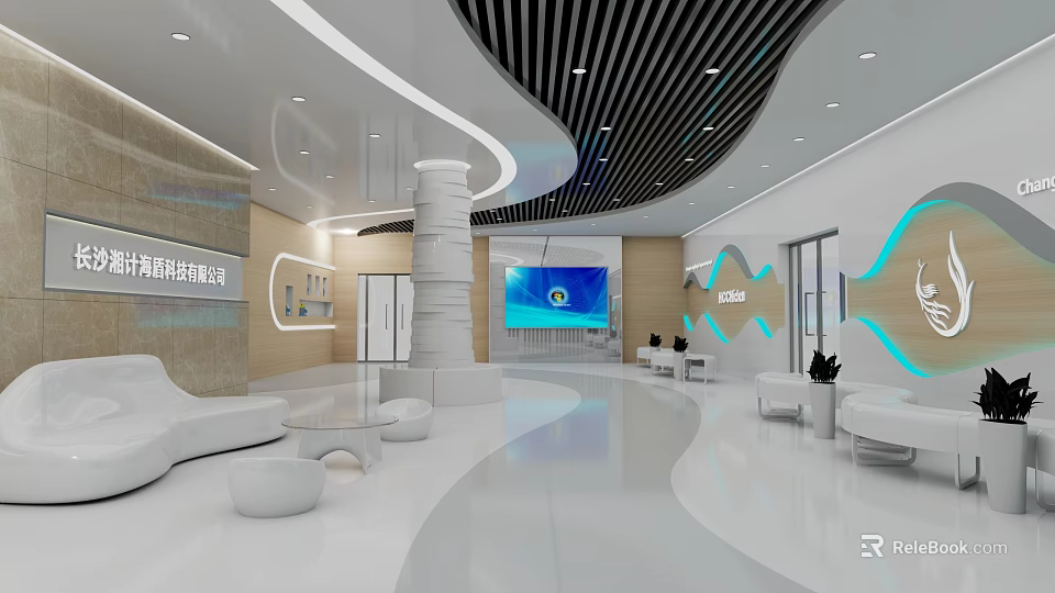 Modern Marine Technology Exhibition Hall Interior With White Curved Design And Digital Screens 3d model 