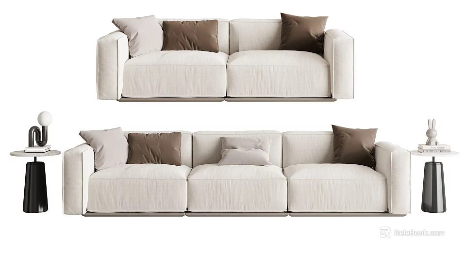 Beige Fabric Sectional Sofa Set With Multiple Brown And Light Colored Cushions 3d model 