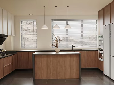 Modern Kitchen Interior Design With Wooden Cabinets Island Counter Pendant Lights And Window Blinds 3d model