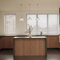Modern Kitchen Interior Design With Wooden Cabinets Island Counter Pendant Lights And Window Blinds