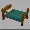 Traditional Wooden Bed With Carved Posts Green Blanket And White Pillow