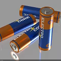 Orange And Blue Cylindrical Electro Batteries Standing On Reflective Surface 3d model