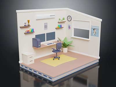Modern Home Office Interior With Desk Dual Monitors Green Plant And Wall Clock 3d model
