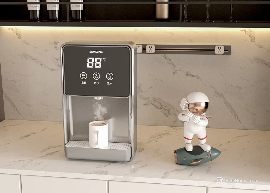 Modern Kitchen Instant Hot Water Dispenser with Temperature Display on Marble Countertop 3d model 