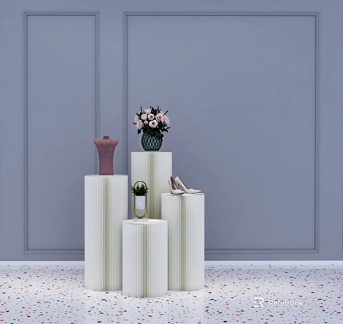 White Cylindrical Display Shelves With Mannequin Vase High Heels And Potted Plant 3d model 