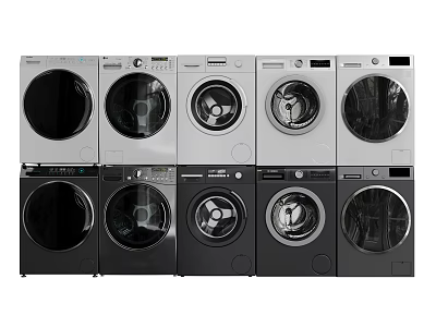 Ten Silver and Black Front Load Washing Machines Arranged in Two Rows of Five 3d model
