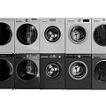 Ten Silver and Black Front Load Washing Machines Arranged in Two Rows of Five