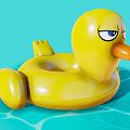 Yellow Inflatable Duck Swim Ring Floating With Grumpy Expression On Blue Water