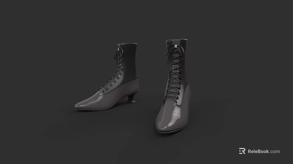 Black Leather Lace Up Boots With Pointed Toe Slim Heel And Classic Design 3d model 
