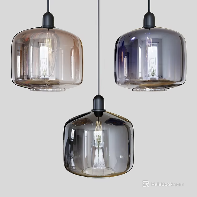 Three Modern Glass Pendant Lights With Transparent Shade And Metallic Base Design 3d model 