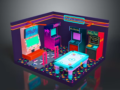 Vibrant Retro Arcade Room with Multiple Electronic Gaming Machines Air Hockey Table and Neon Signs 3d model