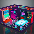 Vibrant Retro Arcade Room with Multiple Electronic Gaming Machines Air Hockey Table and Neon Signs