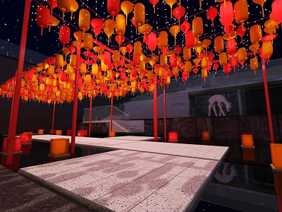 Night Scene With Hanging Red And Yellow Lanterns Over Platform And Water Reflection 3d model