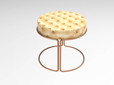 Modern Round Tufted Beige Upholstered Seat Stool With Copper Circular Metal Frame 3d model
