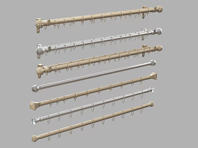 Various Colored Curtain Rods With Decorative Finials And Hooks For Home Use 3d model