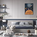 Kids Room Interior With Space Themed Wall Art Bed Stuffed Toy Desk And Shelves