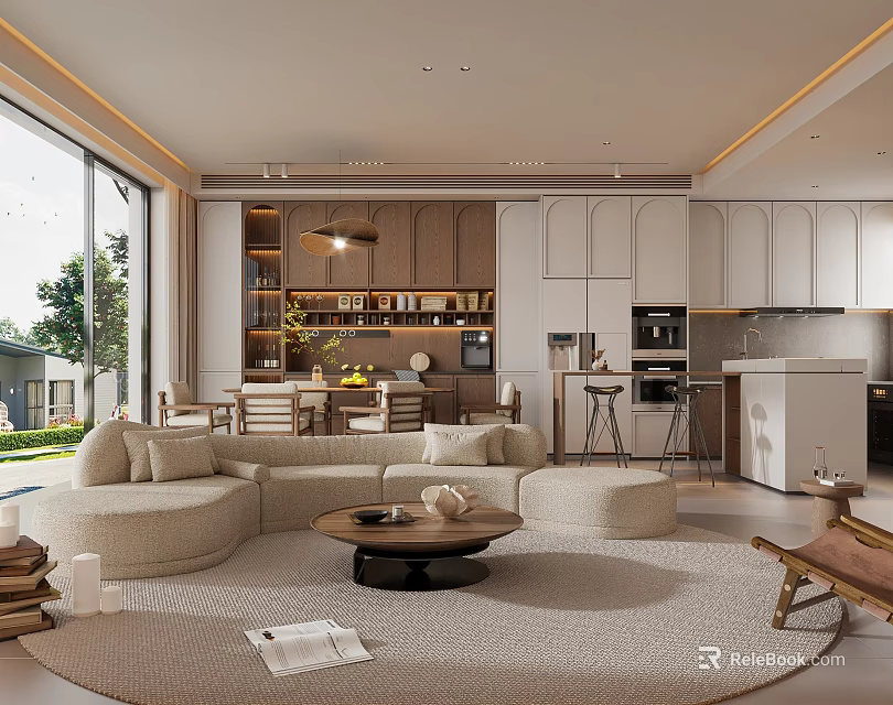 Modern Living and Dining Room Interior With Open Layout Sofa Coffee Table Dining Chairs and Kitchen Area 3d model 