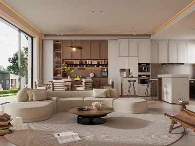 Modern Living and Dining Room Interior With Open Layout Sofa Coffee Table Dining Chairs and Kitchen Area 3d model