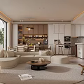 Modern Living and Dining Room Interior With Open Layout Sofa Coffee Table Dining Chairs and Kitchen Area