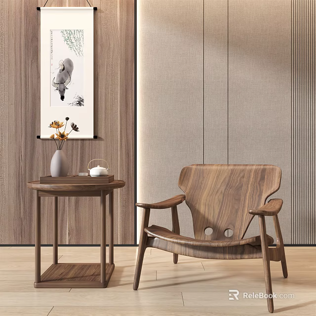Modern Wooden Accent Chair with Side Table Vase Tea Set in Cozy Interior 3d model 