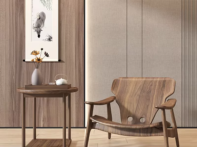 Modern Wooden Accent Chair with Side Table Vase Tea Set in Cozy Interior 3d model