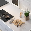 Modern Kitchen Interior With White Cabinets Island Counter Hanging Lights And Wooden Flooring