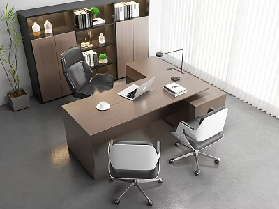Stylish Office Desk with Wooden Top White Chairs Black Chair Lamp Laptop Bookshelf and Plant 3d model