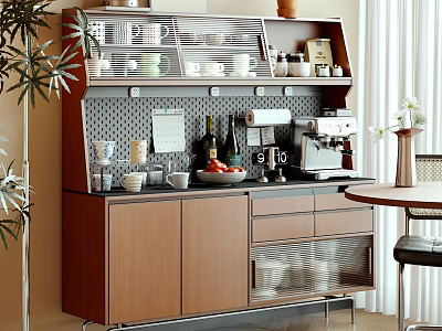 Modern Wooden Sideboard With Cups Bottles Coffee Machine Shelves And Drawers In Kitchen Space 3d model