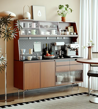 Modern Wooden Sideboard With Cups Bottles Coffee Machine Shelves And Drawers In Kitchen Space 3d model
