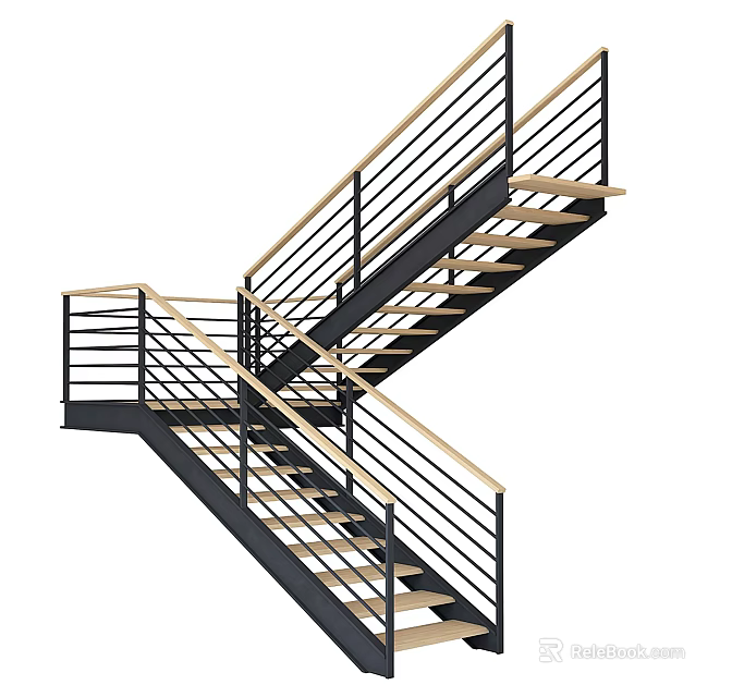 Modern Staircase With Cross Structure Metal Railings And Wooden Treads 3d model 
