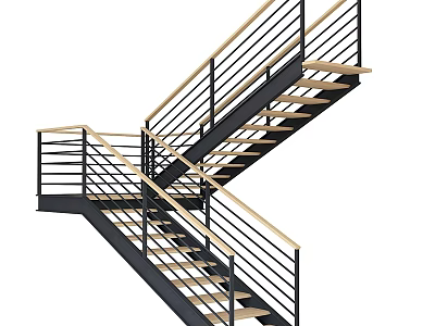 Modern Staircase With Cross Structure Metal Railings And Wooden Treads 3d model