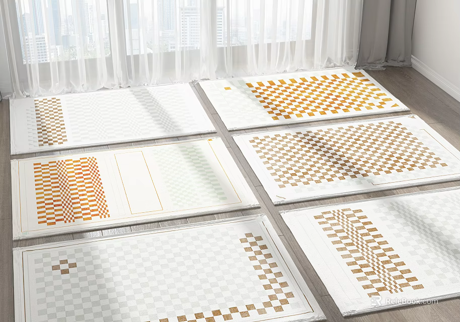 Modern Square Rugs With Checkered Herringbone Geometric Patterns And Orange White Designs 3d model 