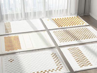 Modern Square Rugs With Checkered Herringbone Geometric Patterns And Orange White Designs 3d model
