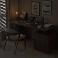 Wooden Study Desk With Lamp Notebook Chair Bookshelf And Wall Art Near Window Blinds