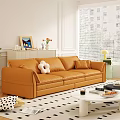 Orange Three-Seater Sofa in Modern Living Room with Plush Toy Coffee Table and Window Blinds